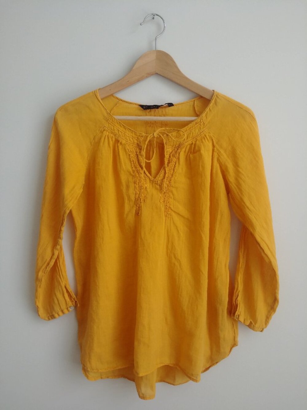 Zara ramie cotton deep mustard yellow lightweight peasant blouse top XS